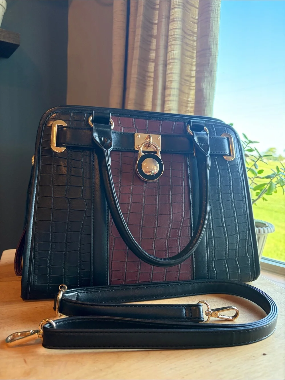 Black and Burgundy Croc-Embossed Satchel Handbag with Gold Hardware
